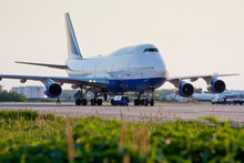 Boeing 747 On The Airfield. Long-haul Aircraft. Ready To Takeoff On The Runway. Passenger Commercial Air Transportation.