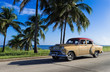 Goldener amerikanischer Oldtimer fährt auf dem Malecon in Havanna Kuba - Serie Kuba Reportage