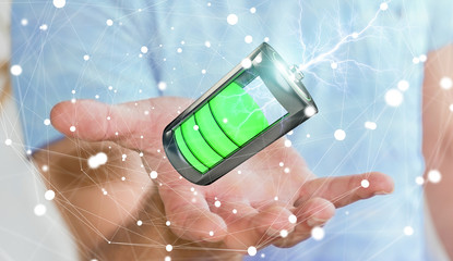 Poster - Man holding 3D render battery with lightning in his hand