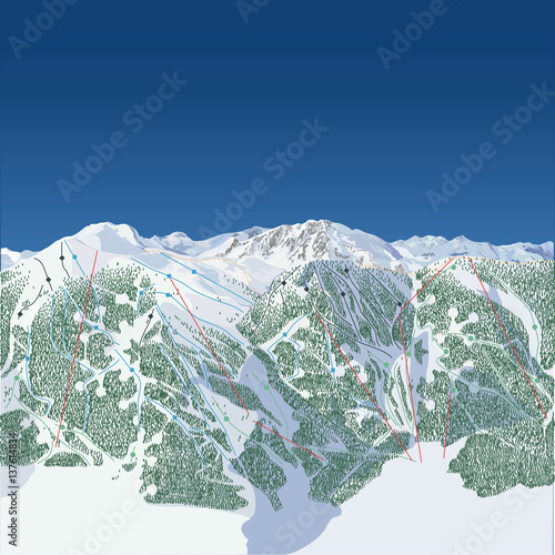 Obraz na płótnie West coast of North America ski map. When folded in vertial quarters, the two outside pieces form a snowflake pattern with the tree line.