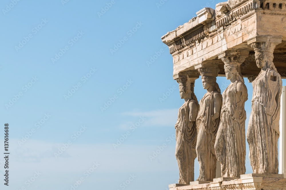 Athens, Greece - February 12, 2017: Caryatides, Erechtheion temple Acropolis in Athens - obrazy, fototapety, plakaty 
