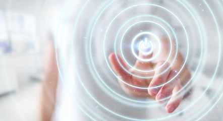 Poster - Businessman pushing 3D render power button with his finger