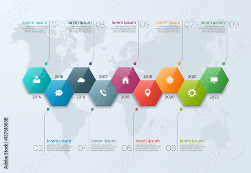 Poster Timeline chart infographic template with 9 options