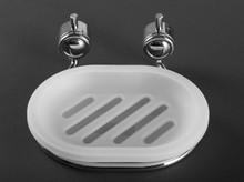 Empty White Plastic Soap-dish With Matal Holder On Gray Background