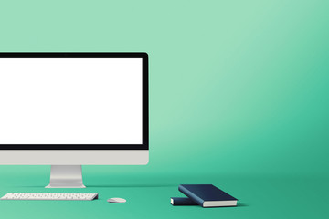 Wall Mural - workspace background. hero header. computer screens isolated stand. front view