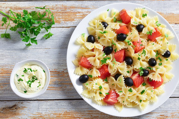 Poster - pasta Farfalle with Smoked Salmon, view from above