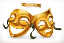 Gold Theatrical Masks. Comedy And Tragedy, 3d Vector Icon