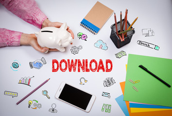 Wall Mural - download concept. business woman with a piggy bank.