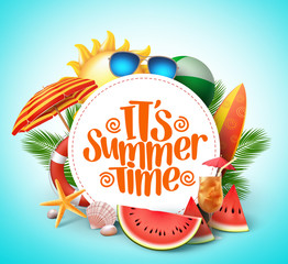 Wall Mural - summer time vector banner design with white circle for text and colorful beach elements in white bac