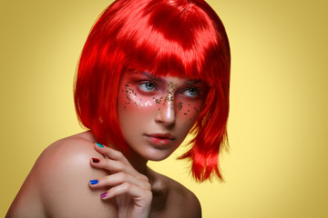 Wall Mural - Beautiful girl in red wig