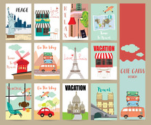 Travel Collection For Banners,Flyers,Placards With Cafe,van,girl,air Plane And Eiffel Tower In France