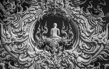 Sculpture Detail With White Buddha In All-white Buddhist Temple Wat Rong Khun In Chiang Rai, Thailand, Symbol Of Creativity, Serenity And Peace