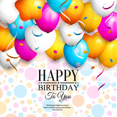 Wall Mural - Happy birthday greeting card. Party colorful balloons, streamers, confetti and stylish lettering on dotted background. Vector.