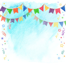 Watercolor Illustration Of Banner Flags On Sky Background. Decorations Festival And Celebrations.