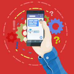 Wall Mural - man's hand holding a phone concept. chatbot concept in flat style. hand holding smartphone with chat