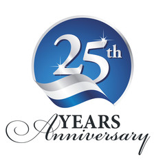 Anniversary 25 th years celebrating logo silver white blue ribbon background