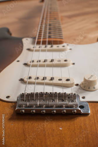 Vintage Fender Stratocaster electric guitar bridge close up with ...
