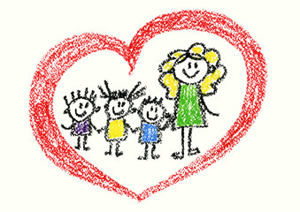 Wall Mural - Happy children with teacher and heart shape symbol Kids drawing