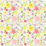 Fototapeta  - Seamless pattern with garden summer flowers, leaves and grass, plants, herbs