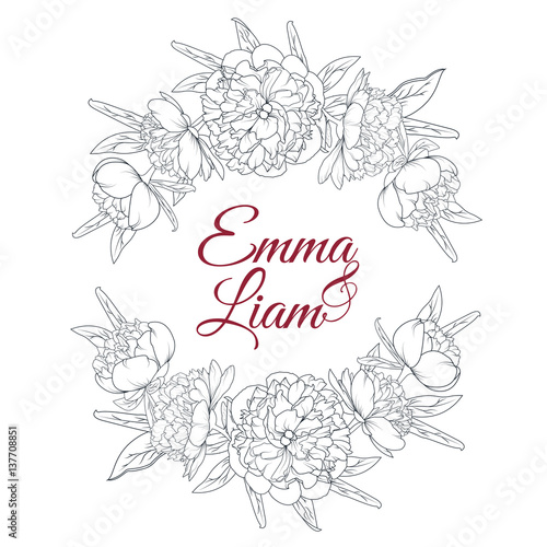 Peony Flowers Laurels Element Wedding Marriage Bridal Invitation Card Template Black And White Detailed Sketch Outline Drawing Vector Design Illustration Buy This Stock Vector And Explore Similar Vectors At Adobe Stock