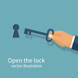 Key in hand holds man. Open the door lock. Keyhole isolated on white background. Vector illustration flat design. Unlock opening. Real estate template for sales, rental, advertising. Sign in house.
