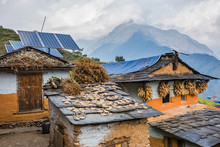 Nepali Traditional Houses With Solar Cell Panel On The Roof. Muri Village, Dhaulagiri Region.