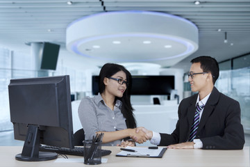 Wall Mural - Woman and her colleague shaking hands