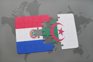puzzle with the national flag of paraguay and algeria on a world map