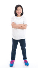 Wall Mural - Cute Asian girl in white t-shirt and jeans standing on white background isolated