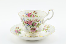 Empty Antique Cup And Saucer With Rose Decoration Isolated On White - English Tea