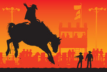 A Vector Silhouette Of A Rodeo Cowboy Riding A Saddle Bronc In A Rodeo Arena With The Chutes And Spectators In The Background.