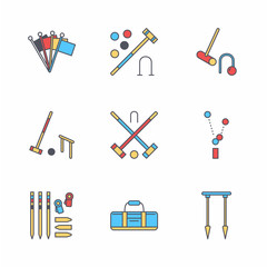 Croquet sport game vector line icons. Ball, mallets, hoops, pegs, corner flags. Garden, lawn activities signs set, championship pictograms with editable stroke for club, equipment store.