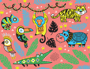 Wall Mural - Seamless pattern with tropical animals