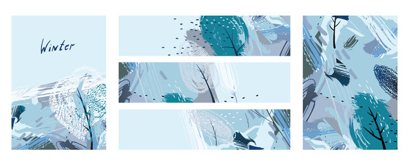 Leinwandbilder - Set of artistic creative five season cards with hand drawn shapes and painted elements on the light background. Modern unusual freehand winter abstraction.
