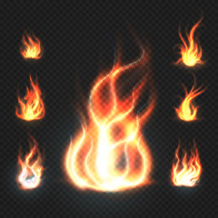 Poster - Realistic orange and red fire flames, fireballs isolated on transparent background vector illustration