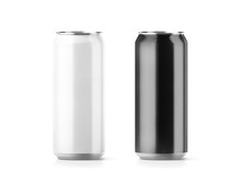 Blank Big Black And White Aluminium Soda Can Mockup Set, 3d Rendering. Empty Beer Tin Packing Mock Ups Set, Isolated. Canned Drink Jar Packaging Design Template. Plain Fizzy Pop Bank Package Branding.