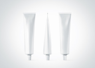 blank white ointment tube mockup set, front, back and side view, 3d rendering. clear skincare cream 