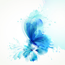 Beautiful Watercolor Abstract Blue Butterfly On The Flower On The White Background.
