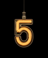 Number 5, Alphabet  made of light bulb. 3D illustration