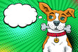 Funny pop art dog with big green eyes holding a bone in his mouth and looking at the speech bubble. Vector bright illustration in retro comic style. Invitation poster.