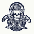 Pirate, crossed guns, skull, sea waves tattoo art. Symbol sea adventures