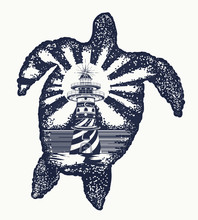 Turtle Tattoo Art. Symbol Of Tropical Travel, Adventure, Surf. Lighthouse On Edge Of Cliff