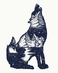Wall Mural - Wolf double exposure tattoo art. Symbol tourism, travel, adventure, outdoor