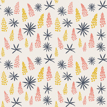 Vector Seamless Pattern With Lupine Flowers And Leaves In Pastel Colors.