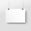 White poster hanging on binder. Transparent background with mock up empty paper blank. Layout mockup. Horizontal template sheet