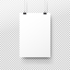 white poster hanging on binder. transparent background with mock up empty paper blank. layout mockup
