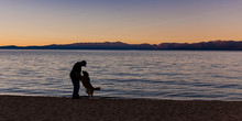 Man Greets Dog On Beach At Sunset