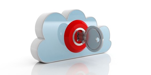 Wall Mural - Key and lock on a cloud on white background. 3d illustration