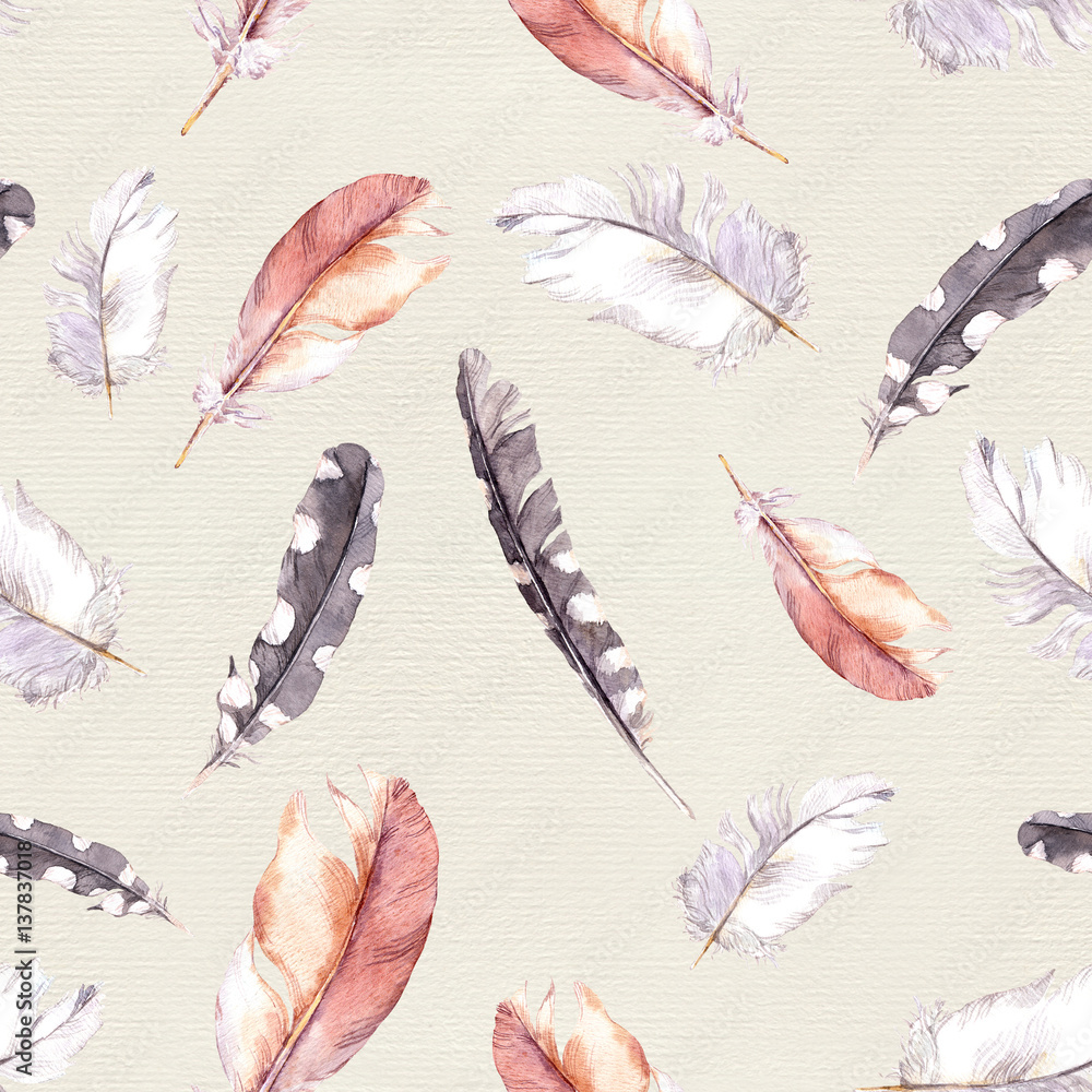 Fotografia Bird feathers. Seamless background pattern. Watercolor