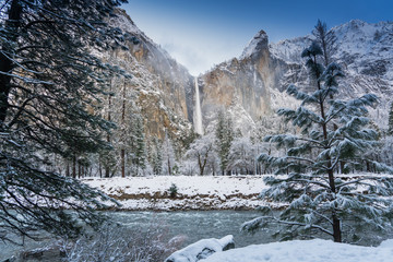 Wall Mural - Bridaveil Falls after a snowstorm in Yosemite National Park from Northside drive